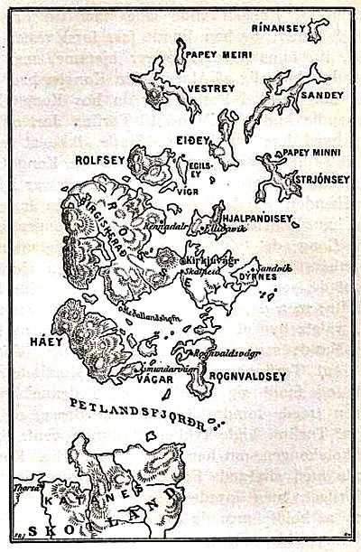 Kort over Orkneyerne med gamle nordiske navne