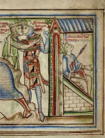 Medieval illustration of Edmund Ironside's death.