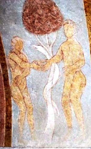 Kalkmaleri i Råsted Kirke som viser Adam og Eva, slangen og træet.