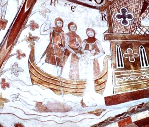Kalkmaleri i Ringsteds Sct. Bendts Kirke, som viser Abels mænd, der sænker Erik Plovpennings halshuggede lig i Slien