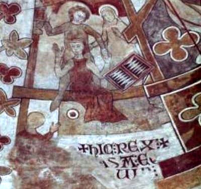 Kalkmaleri i Ringsted Kirke - Erik gribes af Abels mænd medens han spiller et brætspil