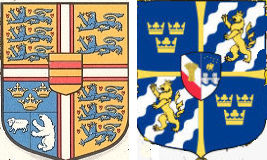Moderne versioner af de centrale skjolde i det Danske og det Svenske kongelige vbenskjolde.