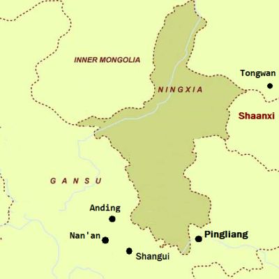 Kort over Ningxia og det sydstlige Gansu