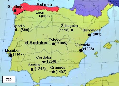 Politisk kort over den Iberiske halv omkring 720