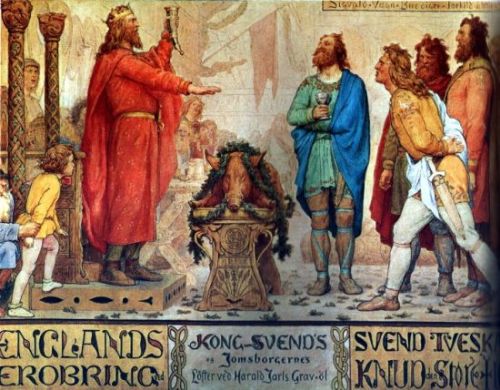 Svend Tveskæg aflægger løfte om at erobre England ved arveøllet efter sin fader Harald Blåtand.
