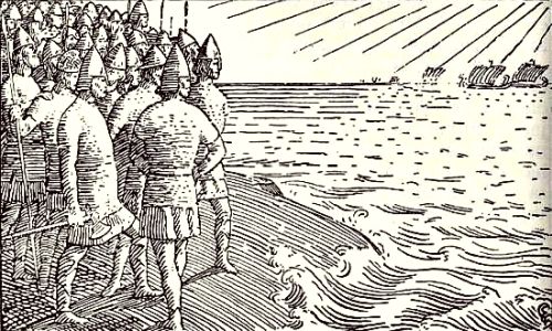 The kings stand on the island of Svold and see Olaf Tryggvason's ships sail by