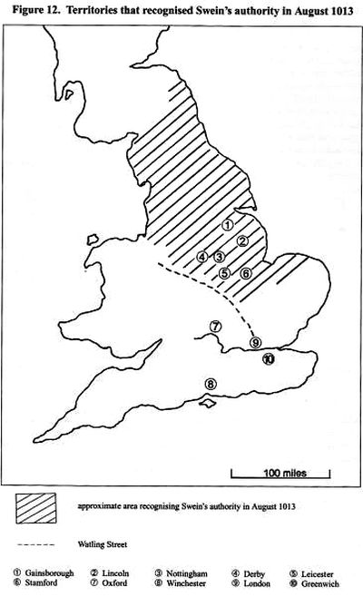 Områder som anerkendte Svend som konge i August år 1013