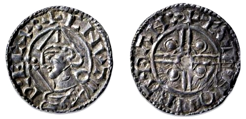 En silver penny slået af kong Knud.