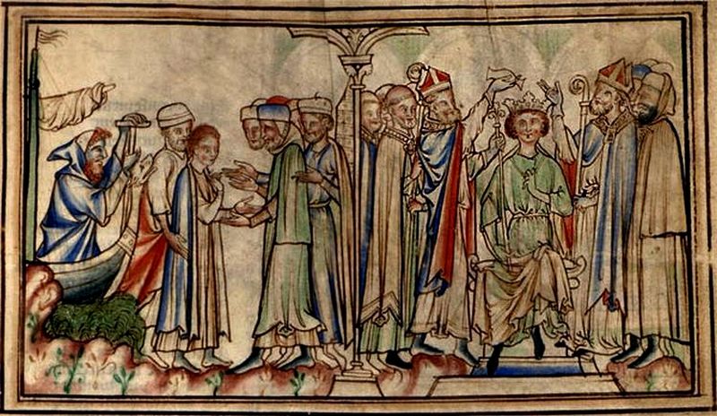 Middelalderlig illustration som til venstre viser Edward modtagelse i England og hans kroning