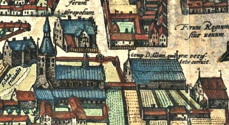 St. Alban's Church on a section of Braunius' Odense Map from 1593.