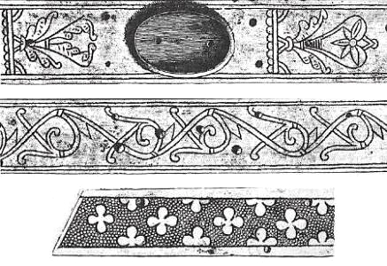 Mønstre på metal-kistelågbeslag på helgenskrin i Odense domkirke