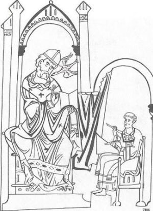 Pave Gregor 7 i illustration i håndskrift fra 1000 tallet.