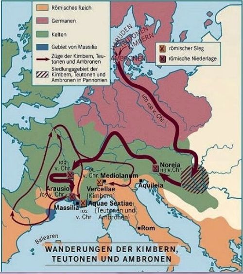 Kort med Kimbrernes og Teutonernes vandringer