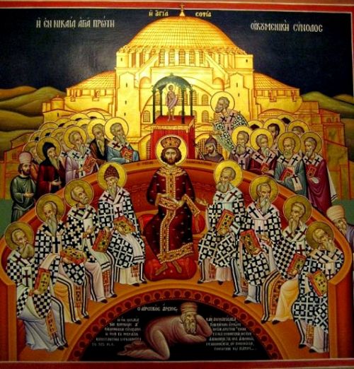 Konstantin præsiderer over synoden i Nicæa