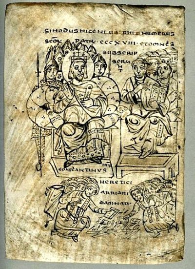 Kejser Konstantin overvåger at Arianske kættere tvinges til at brænde deres bøger