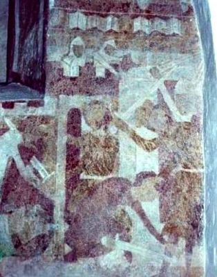 Fight scene on fresco in Hornslet Church