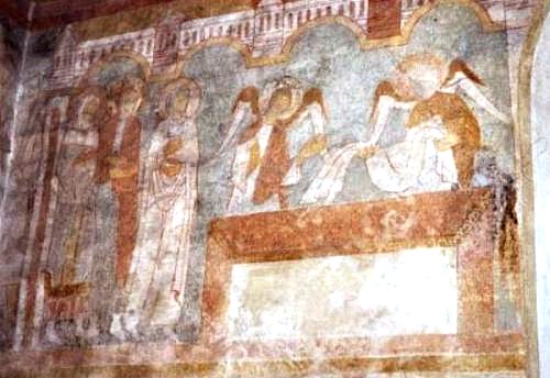 Kalkmaleri af Jesu genopstandelse i RÃ¥sted Kirke.