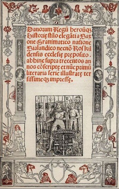 Forsiden af Saxos Danorum Regum Heroumque Historia udgivet af Christiern Pedersen i Paris i 1514