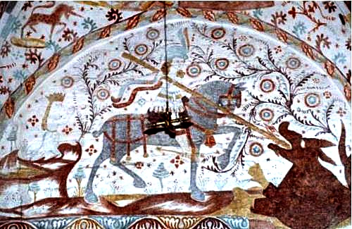 Mural of Sct. Jørgen and the dragon in Fanefjord Church