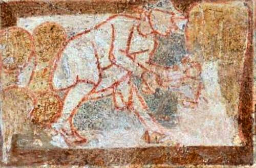 Kalkmaleri fra omkring 1200 med en bonde som hÃ¸ster marken