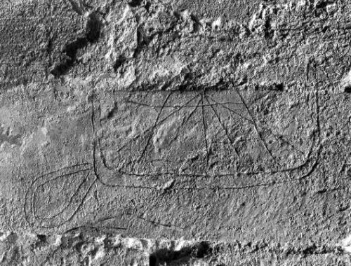 Ship from the 1100's engraved in a window opening in Horbelev Church 