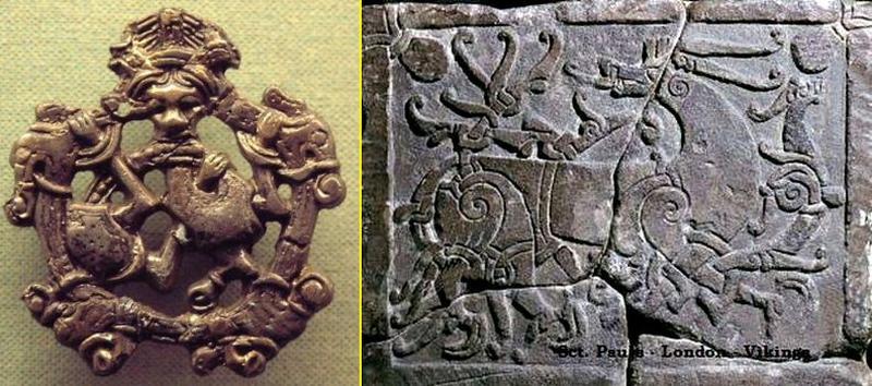 Bronze-smykke i Borrestil fundet i Hedeby og London dyret på gravsten på Skt. Pauls kirkegård i London