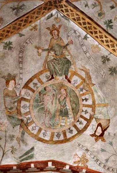 Kalkmaleri i BirkerÃ¸d Kirke som viser lykkens hjul