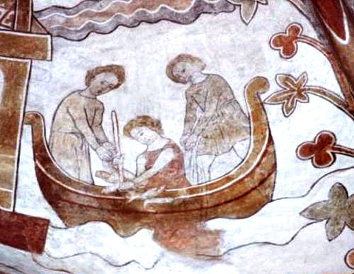 Kalkmaleri fra 1275 af fiskere, som finder Erik Plovpennings lig
