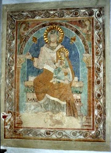 Kalkmaleri i Bindslev Kirke som forestiller Jomfru Maria med Jesusbarnet