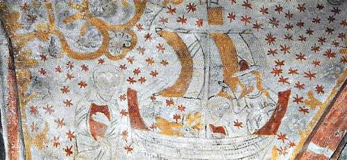 Fresco in Fjelie church in Scania with cog from around 1250