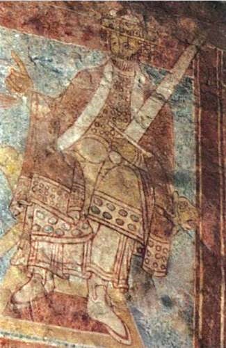 Romansk kalkmaleri som forestiller kong Herodes i Vellev Kirke 
