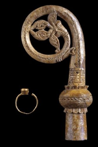 Bishop's staff of walrus tooth and ring found in Bishop Olafur's grave in Gardar in Greenland from 1246-1280