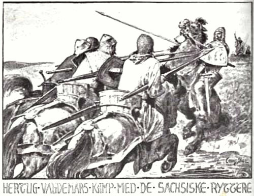 Valdemar is fighting the Saxon riders on a ford across the river