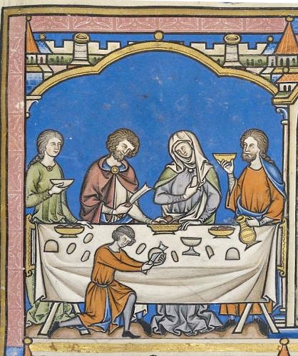 Illustration of a dinner in Maciejowski Bible