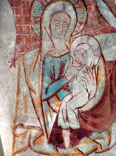 Kalkmaleri i BirkerÃ¸d kirke, der viser Jomfru Maria, som ammer jesusbarnet