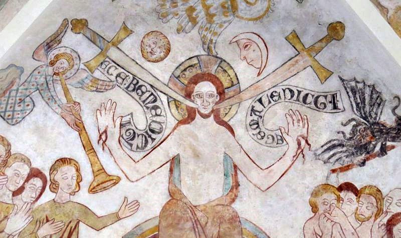 Kalkmaleri i Skibby Kirke som viser Jesus med de to svÃ¦rd 
