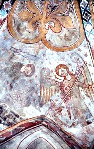 Kalkmaleri i Kippinge Kirke som viser St. Michael drÃ¦be dragen