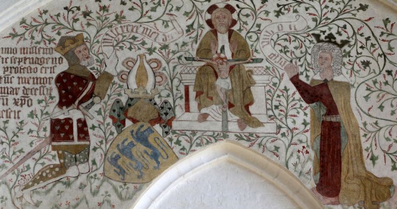 Kong Valdemar Atterdag og dronning Helvig i bÃ¸n pÃ¥ kalkmaleri i Sankt Peders Kirke i NÃ¦stved 