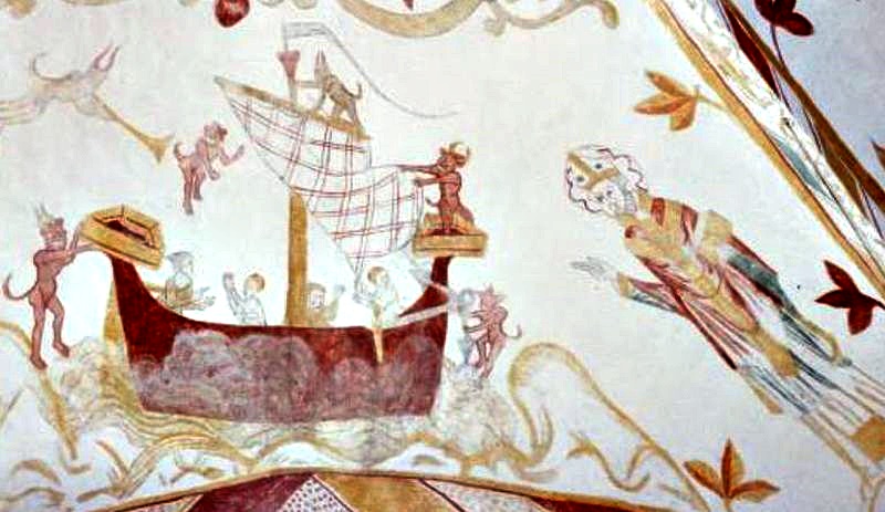 Kalkmaleri af skib i havsnÃ¸d i Bregninge Kirke fra slutningen af 1300 tallet