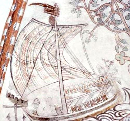 Kalkmaleri af skib i Skamstrup Kirke fra slutningen af 1300 tallet