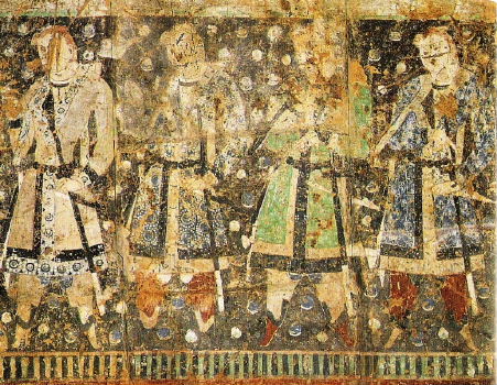 Vægmaleri fra Qizil nær Turfan fra omkring 500 AC, som forestiller donorer med lyst hår og lys hud