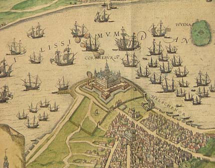 Ships waiting to pay their due outside the castle of Kronborg at the city of Helsingoer