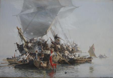 Dansk-Norske kanonbåde angriber en engelsk brig - maleri af Mølsted