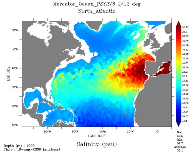 Salinity in the North Atlantic in 1000 m. depth.