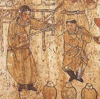 Kinesisk tegning af Qi Dan mænd - Bemærk spillemanden til venstre, som har brunt skæg og hår. Ukendt oprindelse
