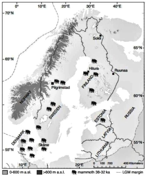 Findings from mammoths in Scandinavia from MIS 3