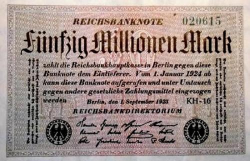 Tysk reichbanknote fra 1923 lydende på 50 millioner mark