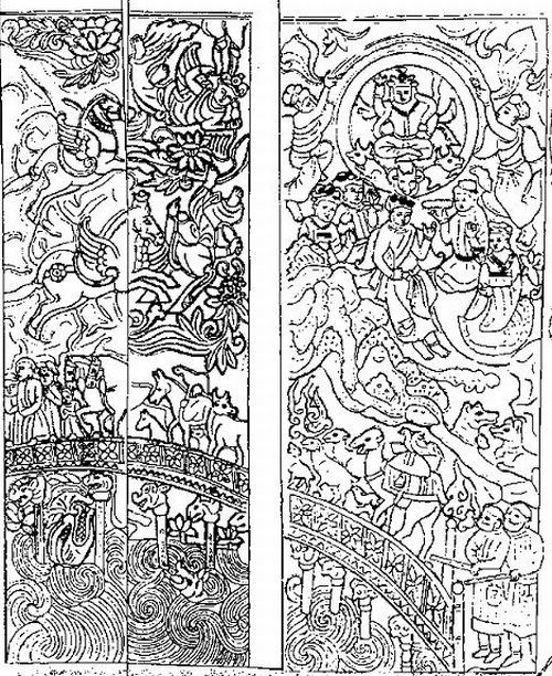 Drawing of the east wall of the Sogdian Wirkak's Sarcophagus in Xian