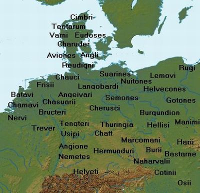 Folkene i det område, som Romerne kaldte Germanien, i følge Tacitus