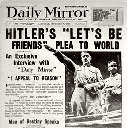 Hitler appellerer for venskab og fred.